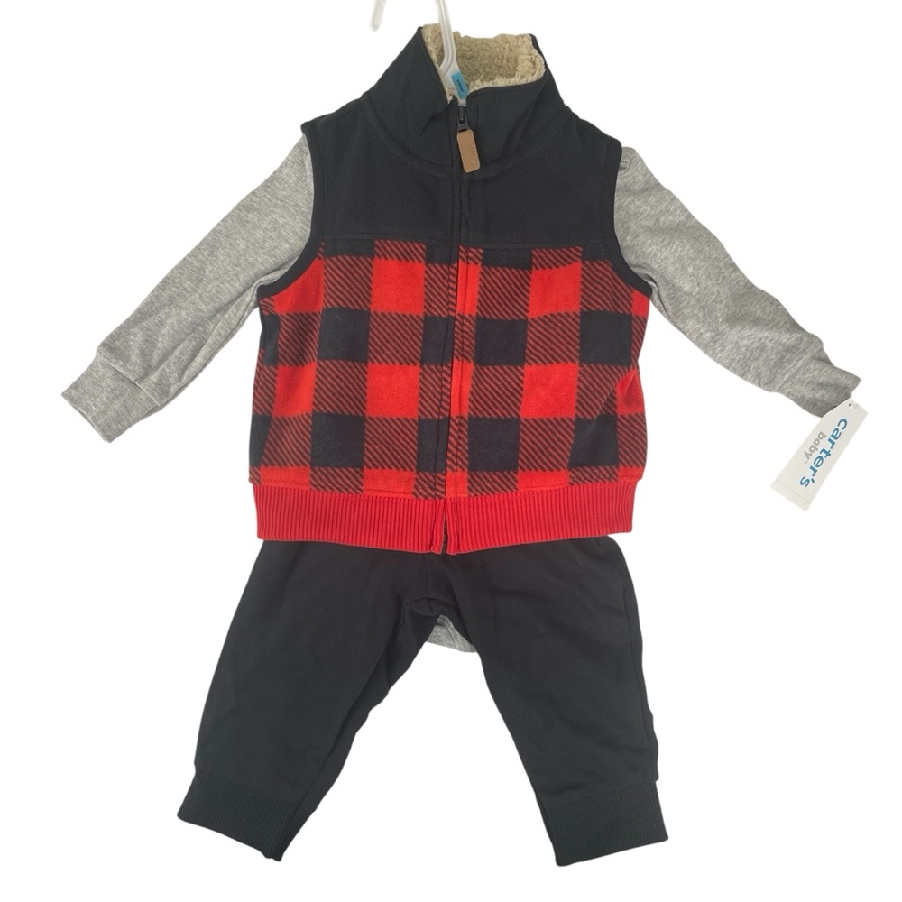 Carters 3 Piece Red Black Buffalo Plaid Vest, Bodysuit & Pants Set Size 6 mos